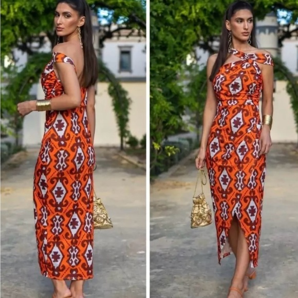 Zara Orange Printed Dress‎ XSmall One Side Strap A-Symmetric Hem NWT - Picture 2 of 7